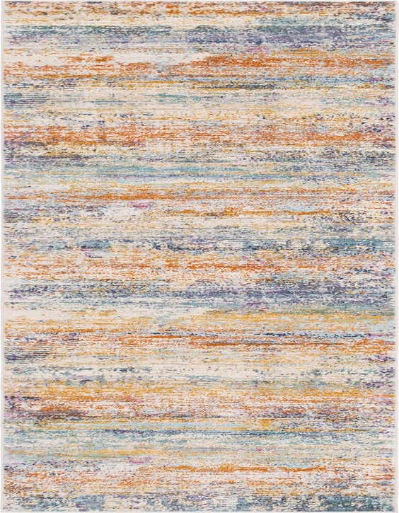 A 10 ft runner rug featuring an urban, transitional stripe pattern in multi-colored hues of orange, blue, purple, and yellow.