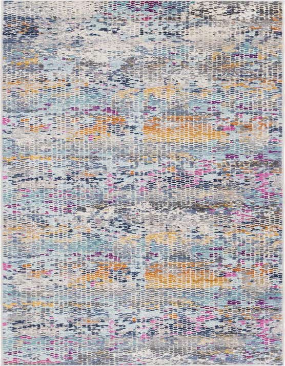 A 10 ft runner rug featuring an abstract, multi-colored pattern with shades of blue, orange, pink, and gray.