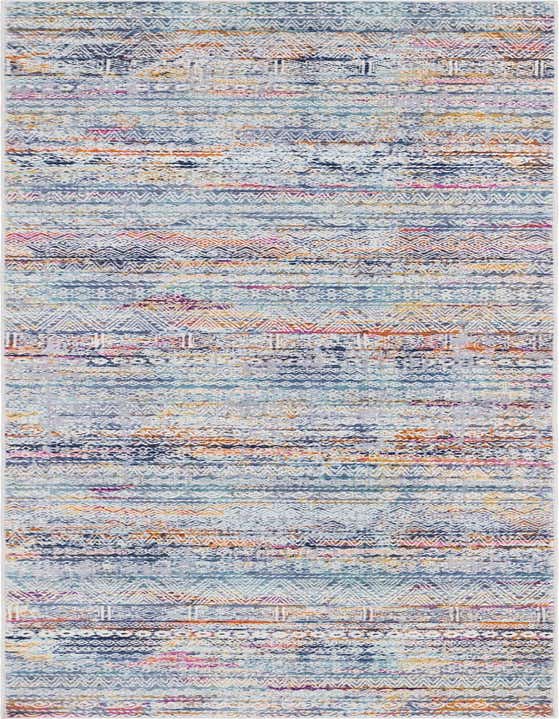 A 10 ft multi-colored runner rug with an urban tribal pattern, featuring stripes of various geometric designs and distressed textures.