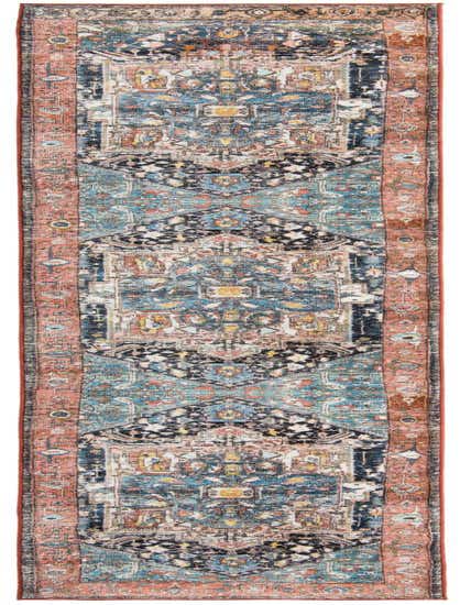 A 13 ft multi-colored runner rug featuring a distressed traditional medallion and tribal pattern with a rust border.