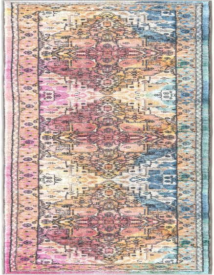 A vibrant multi-colored runner rug featuring a distressed traditional pattern in pink, orange, blue, and black, ideal for a hallway.