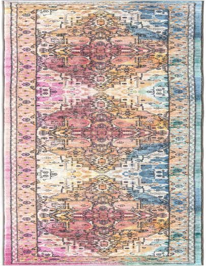 A long, multi-colored runner rug with a distressed traditional pattern in shades of pink, orange, blue, and teal.
