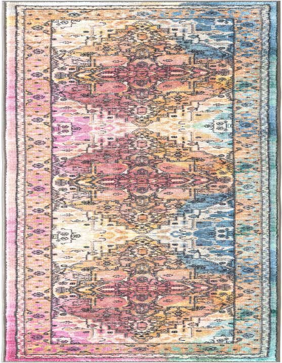 A vibrant 8 ft multi-colored runner rug with an intricate distressed pattern, ideal for a hallway or kitchen.