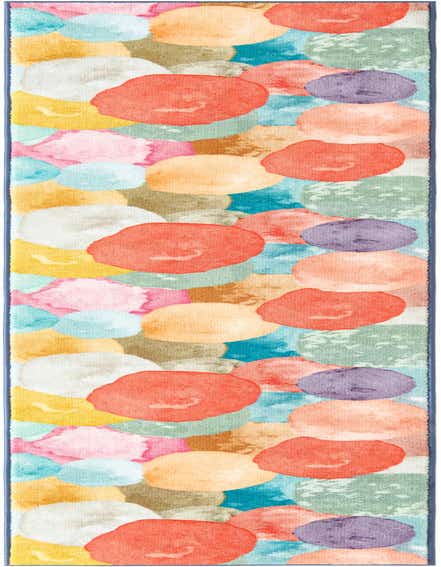 A vibrant multi-colored runner rug featuring an abstract watercolor-style pattern of large, overlapping circles in coral, yellow, blue, pink, purple, and green.
