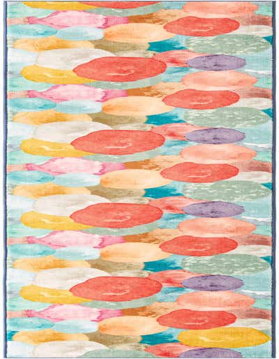 A 13 ft multi-colored runner rug with an abstract watercolor bubble pattern in various shades of pink, orange, yellow, blue, green, and purple.