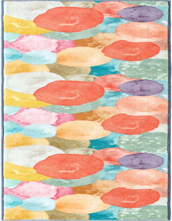 A vibrant multi-colored runner rug featuring large, irregular watercolor-style circles in shades of coral, yellow, blue, pink, and green, perfect for a hallway.