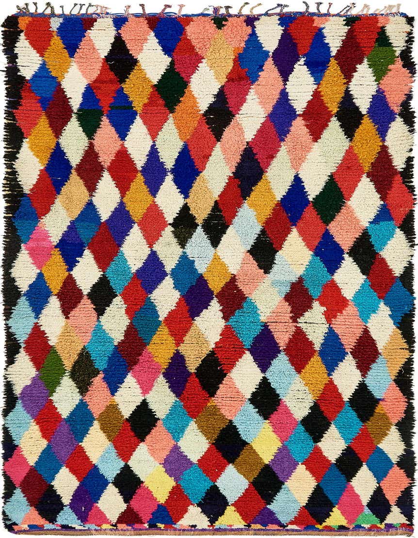 A vibrant 14 ft multi-colored wool shag runner rug with a diamond pattern, perfect for a hallway.