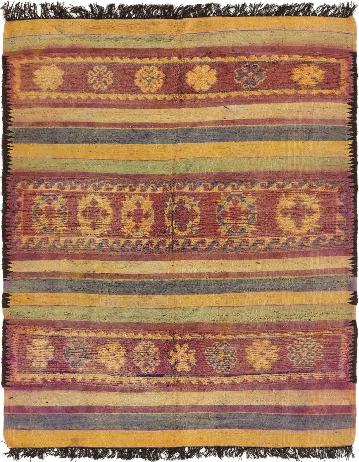 A 10 ft runner rug with multi-colored stripes in red, yellow, green, and blue, featuring tribal floral patterns and black fringe.
