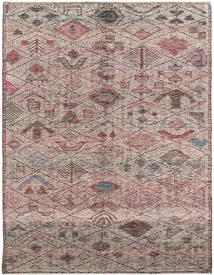 A 16 ft multi-colored wool runner rug with a tribal geometric pattern, ideal for a hallway.