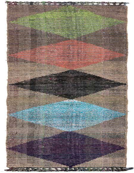 A 12 ft multi-colored wool runner rug featuring large, vibrant diamond patterns in green, coral, black, blue, and purple on a textured brown background, perfect for a hallway.
