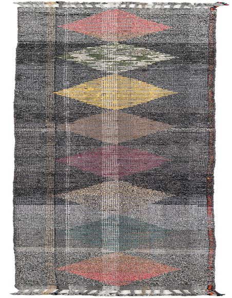 A 12 ft multi-colored wool runner rug with a tribal modern pattern featuring large diamond shapes in red, green, yellow, brown, and teal on a textured gray background, with fringe.