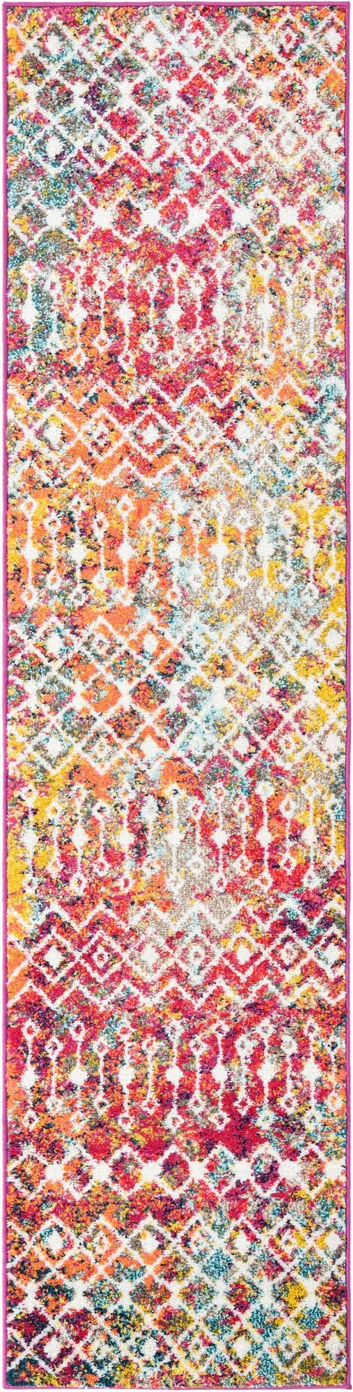 A vibrant 8 ft runner rug featuring a multi-colored Bohemian trellis pattern in shades of pink, orange, yellow, and blue on a white background, perfect for a hallway or kitchen.