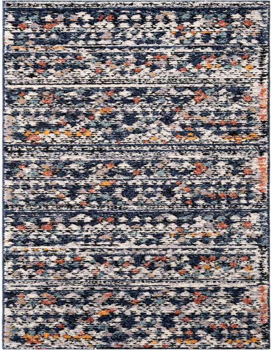 A 10 ft multi-colored runner rug with a bohemian tribal pattern, featuring navy, cream, orange, and teal hues.