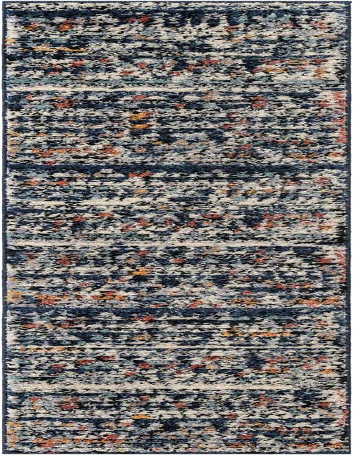 A multi-colored 8 ft runner rug with a Southwestern, contemporary, tribal, and bohemian pattern, featuring shades of navy, cream, orange, and light blue, ideal for a hallway.