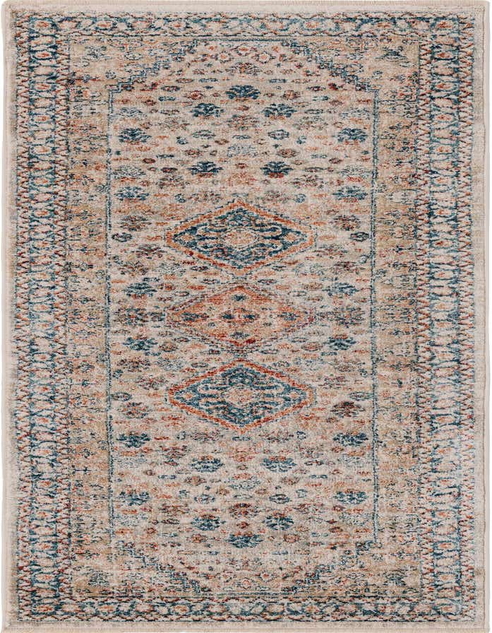 A 6 ft runner rug with a distressed multi-colored traditional medallion and tribal pattern, ideal for a hallway or kitchen.
