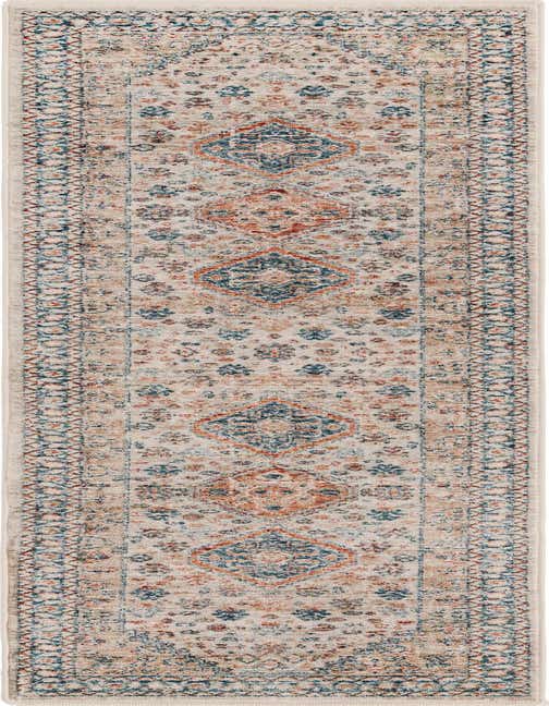 A multi-colored 8 ft runner rug with a distressed traditional medallion and tribal pattern in blues, oranges, and beige.