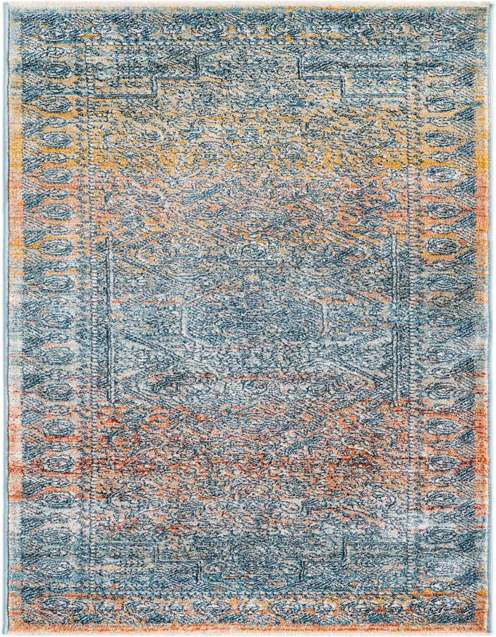 A 6 ft runner rug with a distressed traditional medallion pattern in shades of blue, orange, and cream.
