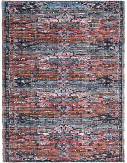 A 10 ft multi-colored runner rug with a distressed traditional medallion pattern in shades of rust, blue, and black.