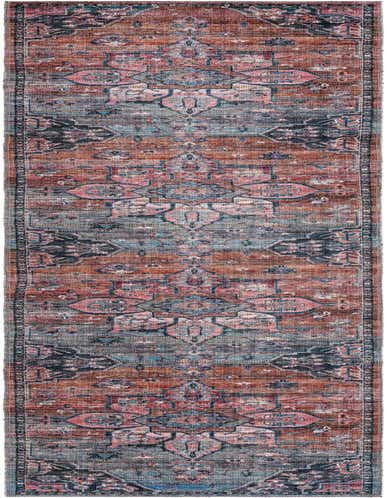 A 14 ft multi-colored runner rug with a distressed traditional medallion pattern in shades of rust, blue, and pink, ideal for a hallway.