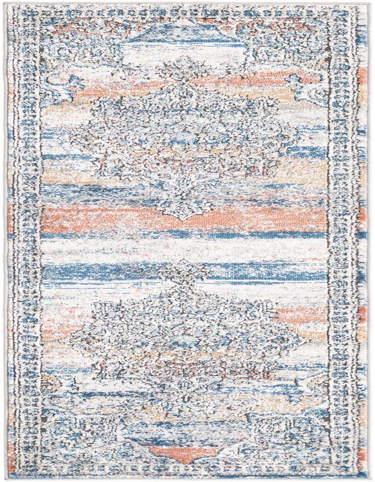 A 6 ft runner rug featuring a multi-colored traditional medallion pattern with blue, orange, and white distressed accents, ideal for a hallway.