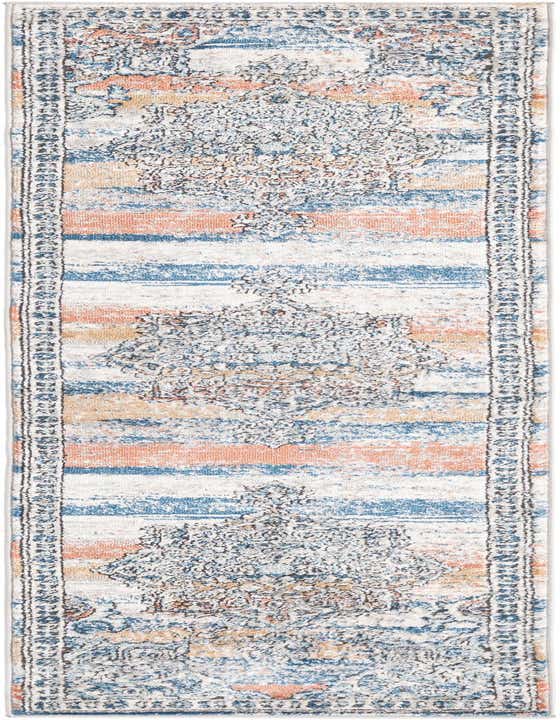 A multi-colored 8 ft runner rug with a distressed traditional medallion pattern in blues, oranges, and white, ideal for a hallway.