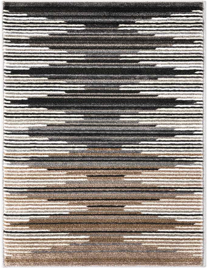 A 6 ft runner rug with a modern geometric pattern in multi-colored stripes of black, gray, white, and brown.