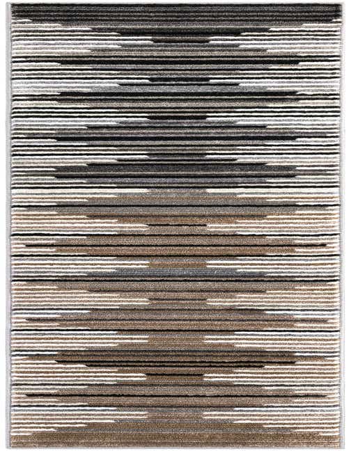 A multi-colored 8 ft runner rug with a modern geometric pattern, featuring horizontal stripes and diamond shapes in black, white, gray, and brown tones.