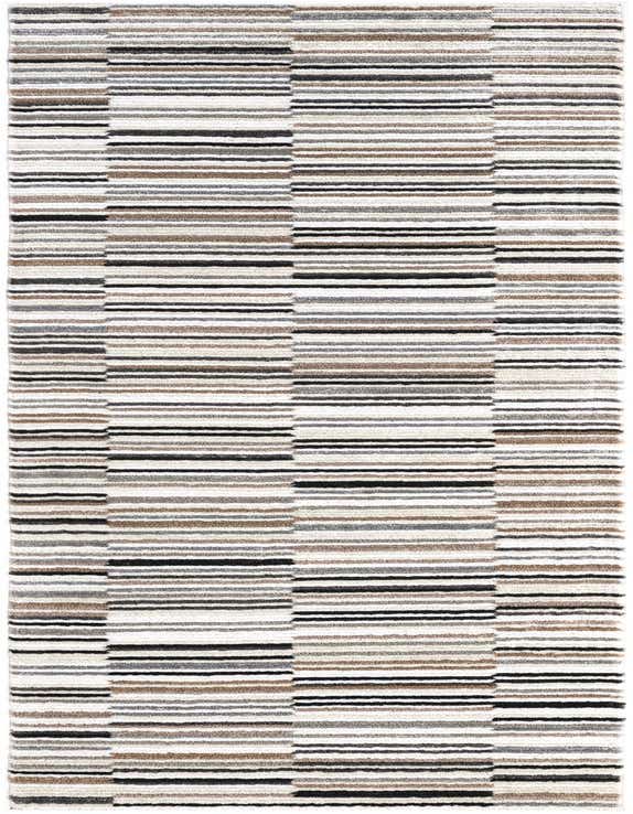 A 10 ft runner rug featuring a textured, multi-colored striped pattern in shades of white, black, gray, and brown, ideal for a hallway.