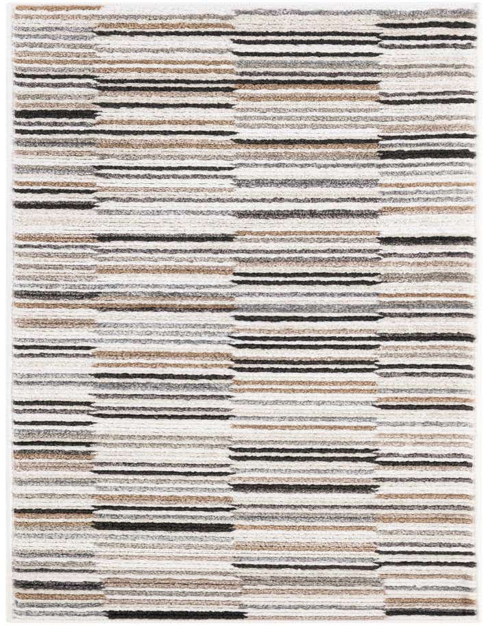 A 6 ft runner rug featuring a modern stripe pattern in multi-colored hues of white, black, brown, and gray, ideal for a hallway.