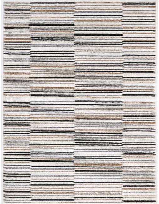 A multi-colored 8 ft runner rug with a modern stripe pattern in shades of black, brown, gray, and white, ideal for a hallway or kitchen.