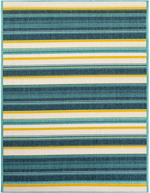 A 10 ft runner rug with horizontal stripes in shades of teal, dark blue, yellow, and cream, featuring a flatweave texture.