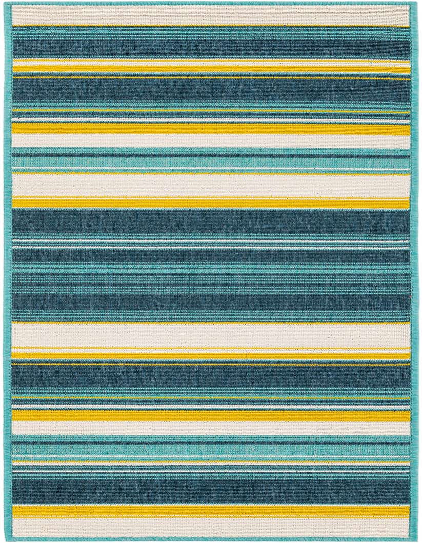 A 5 ft runner rug featuring modern stripes in teal, dark blue, yellow, and cream, suitable for a hallway or patio.