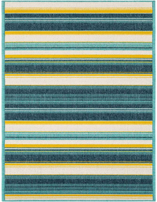 A 6 ft runner rug with modern horizontal stripes in teal, dark blue, yellow, and off-white, ideal for a hallway or patio.