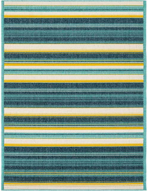 A multi-colored 8 ft runner rug with horizontal stripes in shades of teal, deep blue, yellow, and cream, suitable for indoor or outdoor use.