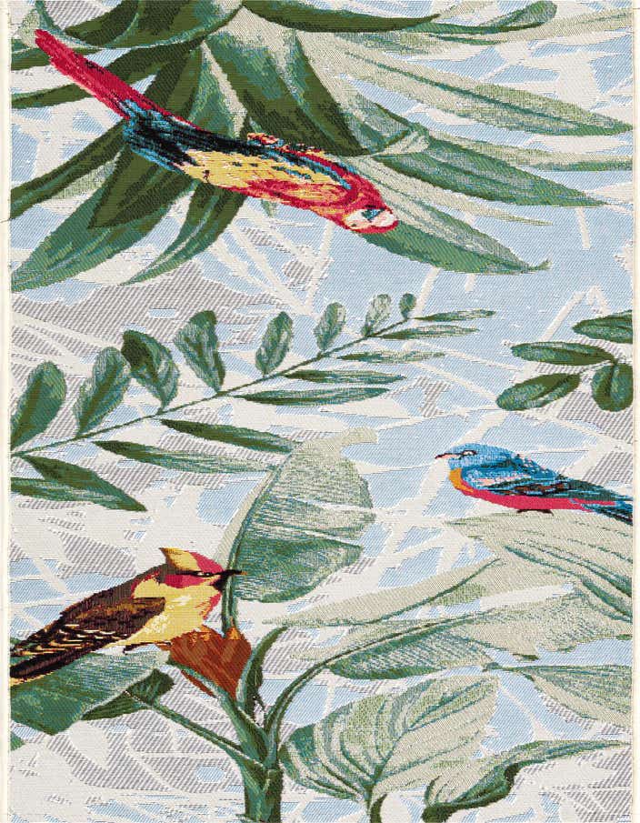 A multi-colored 6 ft runner rug with a vibrant botanical and bird pattern, ideal for a hallway or patio.