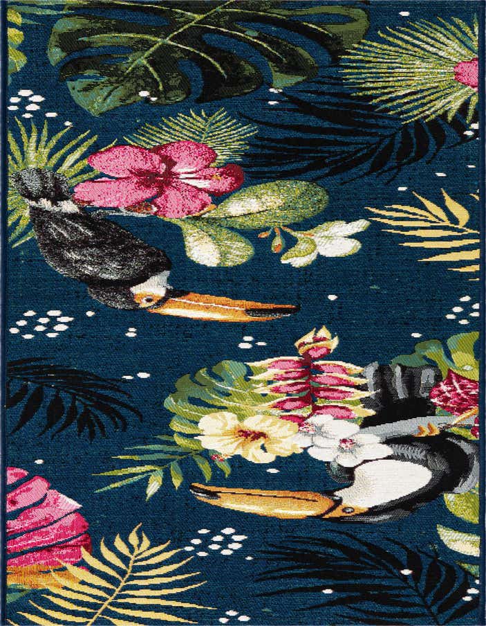 A vibrant 6 ft runner rug featuring a multi-colored botanical pattern with toucans, tropical leaves, and hibiscus flowers on a dark blue background, suitable for a hallway or patio.