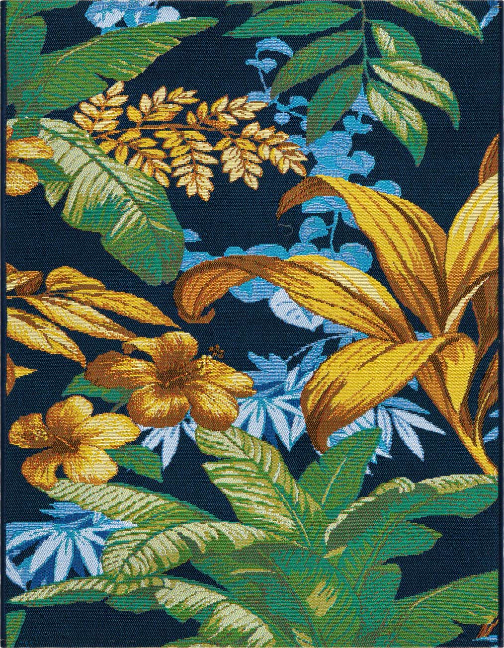 A multi-colored tropical runner rug with a dark blue background, featuring vibrant green leaves, yellow flowers, and light blue foliage, ideal for a hallway or patio.