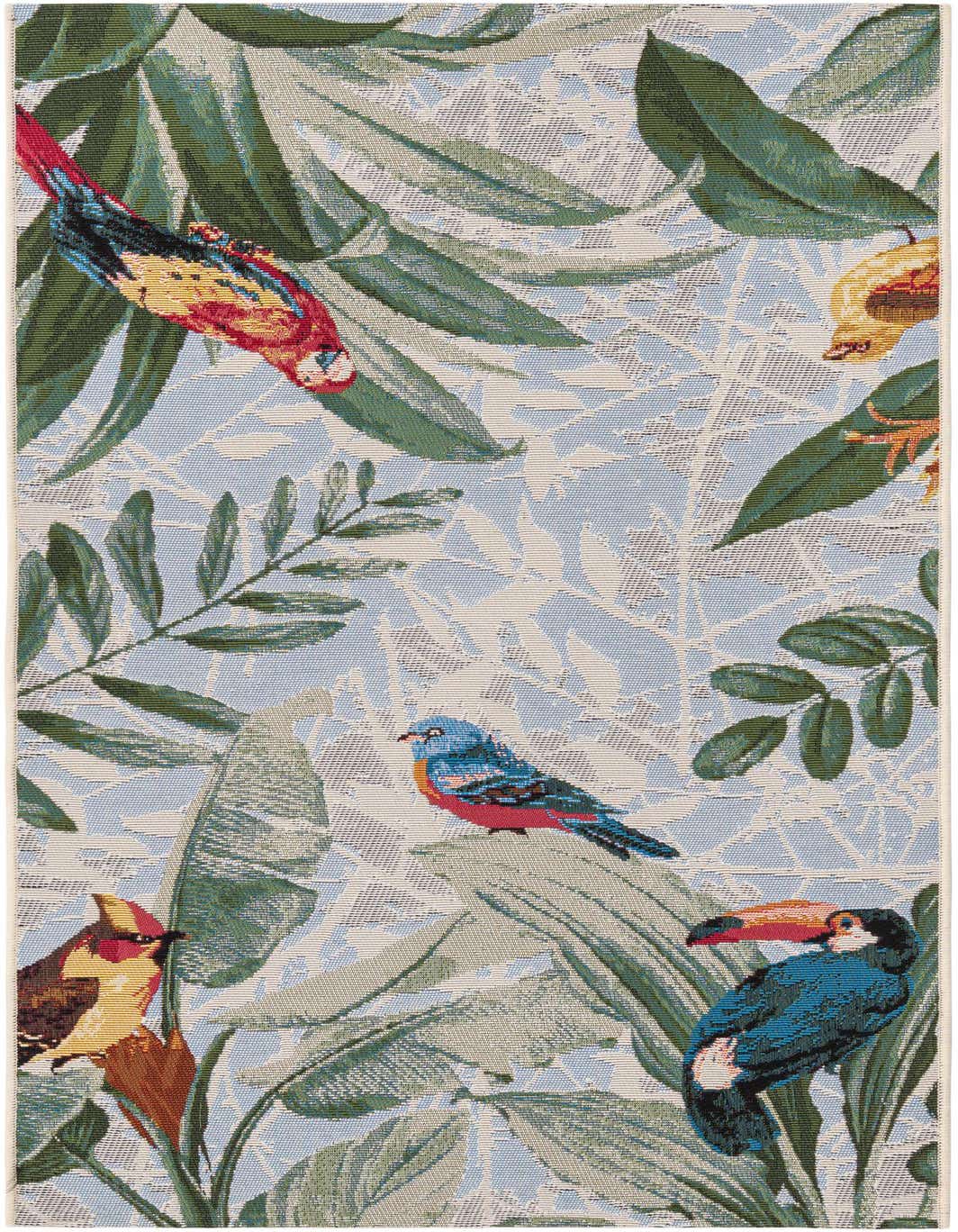 A multi-colored 5 ft runner rug with a vibrant botanical pattern featuring tropical birds and lush green leaves on a light blue and beige background.