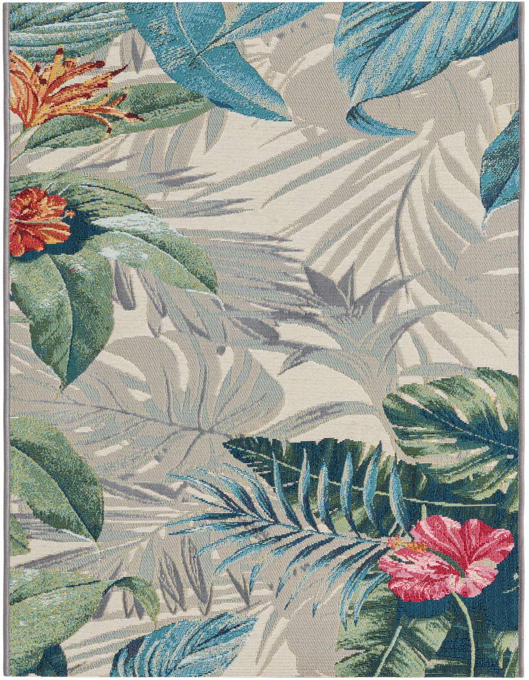 A multi-colored 5 ft runner rug with a vibrant botanical pattern featuring tropical leaves and red-orange flowers.