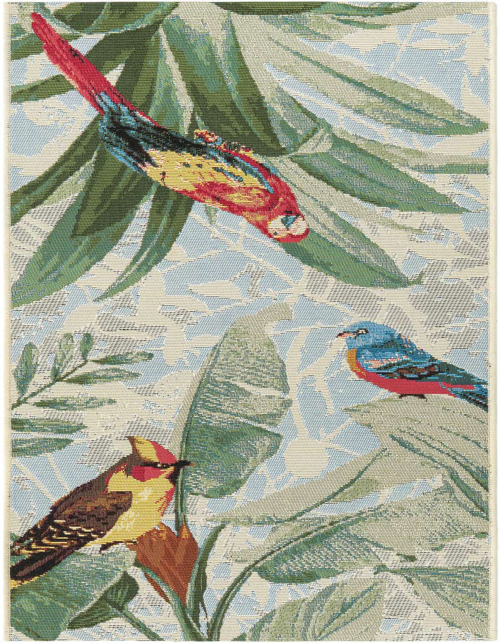 A multi-colored botanical runner rug featuring vibrant red, blue, and yellow birds amidst green leaves on a light background.