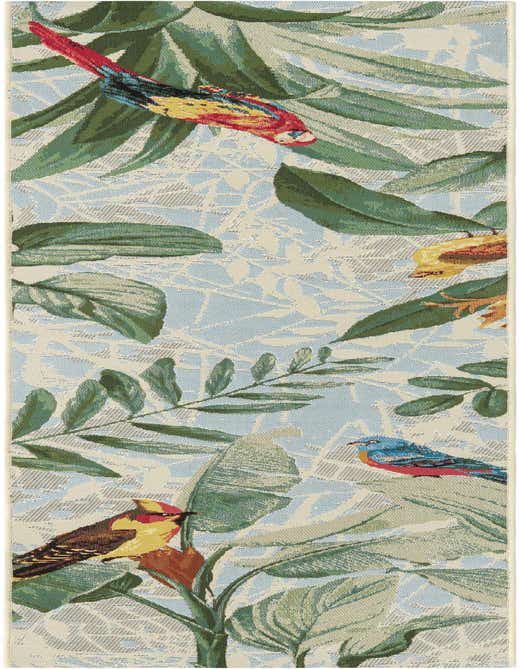 A multi-colored 8 ft runner rug featuring a vibrant botanical pattern with tropical leaves and colorful birds on a light blue and beige background.