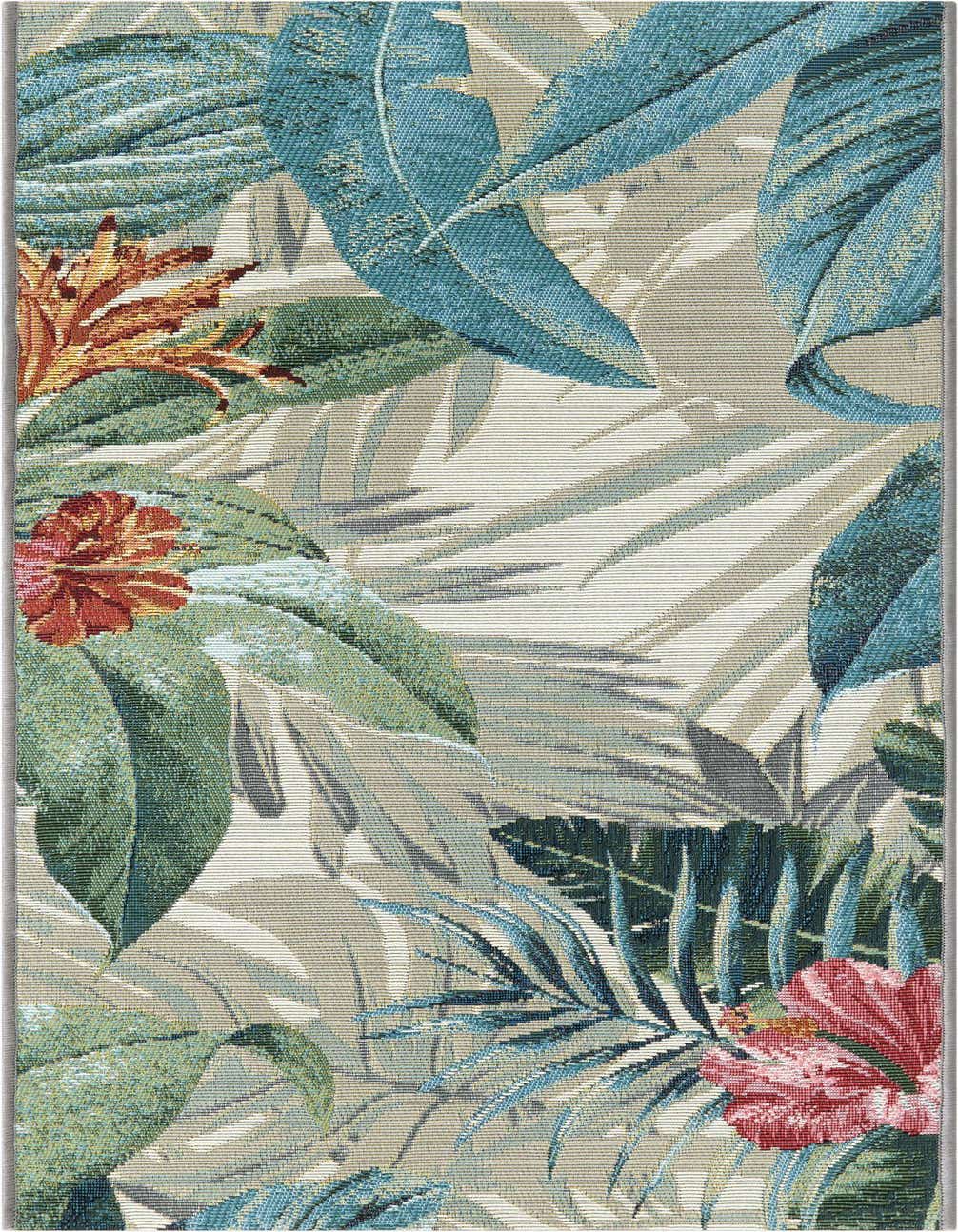 A 4 ft runner rug with a vibrant multi-colored botanical pattern featuring large teal, green, and beige leaves with red and orange tropical flowers.