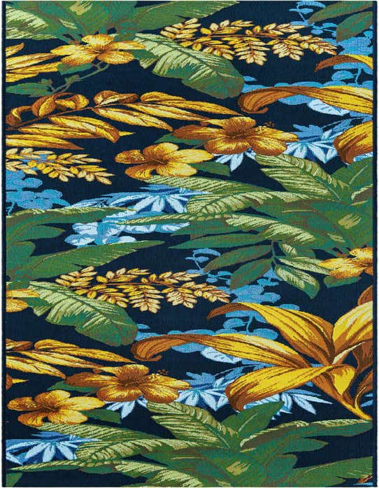 A 10 ft runner rug with a vibrant tropical botanical pattern featuring yellow hibiscus, green palm leaves, and blue foliage on a dark blue background.