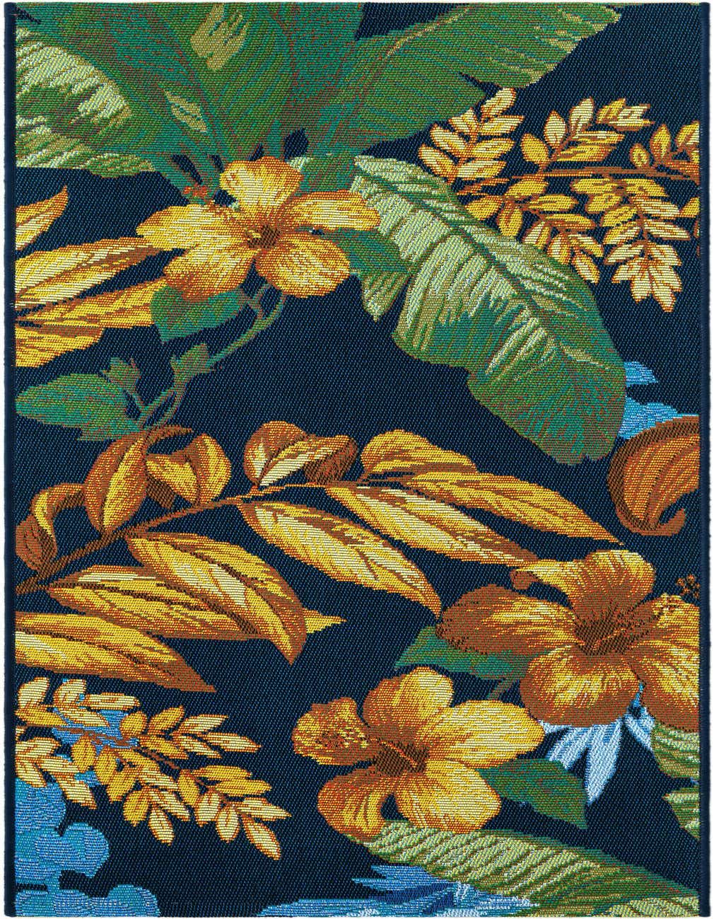 A 4 ft runner rug with a vibrant tropical botanical pattern featuring large yellow and orange hibiscus flowers and green leaves on a dark blue background.