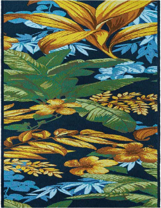 A multi-colored 8 ft runner rug featuring a vibrant tropical botanical pattern with large yellow, green, and blue leaves and flowers on a dark blue background.