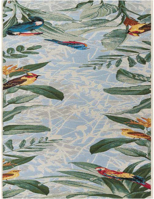 A multi-colored 11 ft runner rug featuring a vibrant botanical and bird pattern, ideal for a hallway or patio.