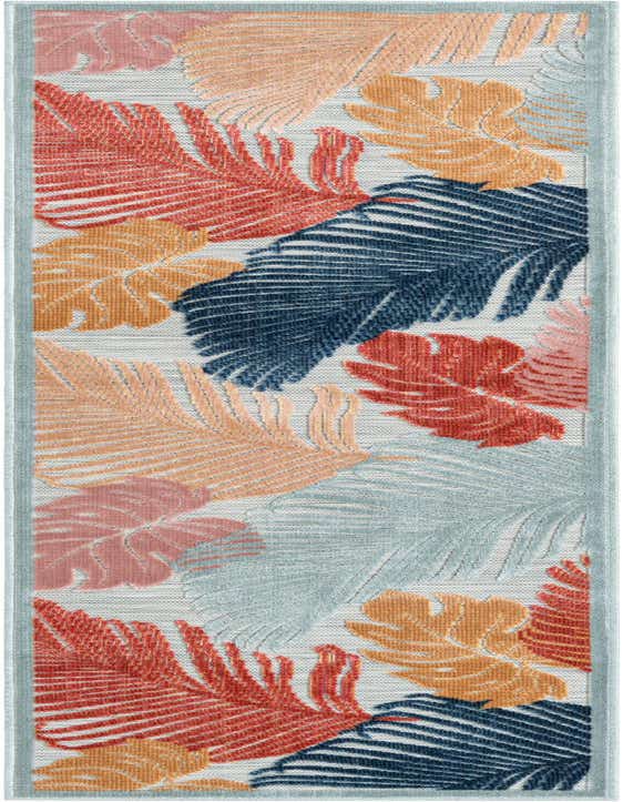 A multi-colored 8 ft runner rug with a tropical leaf pattern in shades of coral, orange, blue, and light blue on a light background, perfect for a hallway or patio.