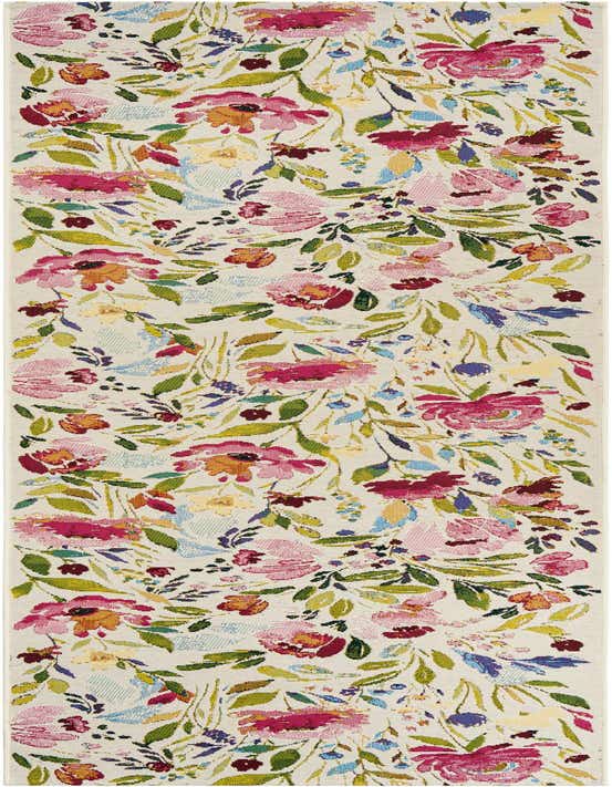 A 10 ft runner rug with a vibrant, multi-colored botanical pattern of pink, orange, and blue flowers with green leaves on a light background, suitable for a hallway or patio.