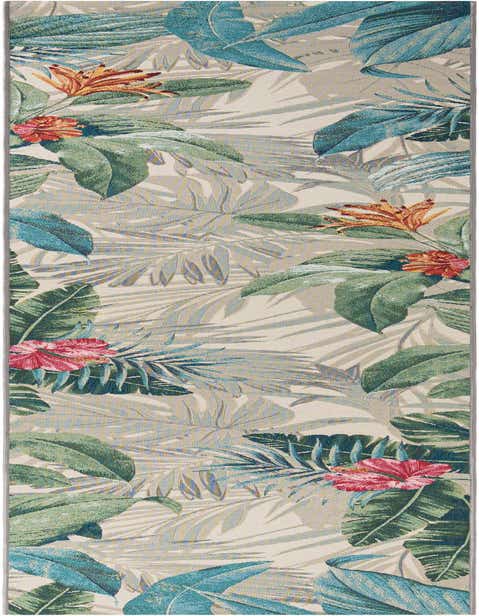 A 12 ft runner rug featuring a vibrant multi-colored botanical pattern with large green, teal, and blue leaves, and bright pink and orange hibiscus flowers on a light background, suitable for a hallway or patio.