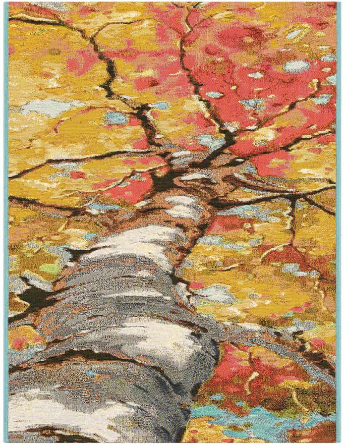 A vibrant 6 ft runner rug with a modern floral pattern, featuring a tree trunk and branches with multi-colored leaves in red, yellow, and blue hues.